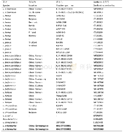 表1 分子系统发育分析使用的乳菇属分类信息和GenBank数据及自测序列（加粗）