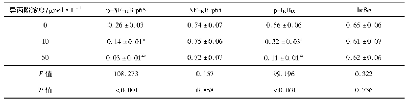 表3 异丙酚对Hep G2细胞中p-NF-κB p65、NF-κB p65、p-IκBα和IκBα蛋白表达的影响