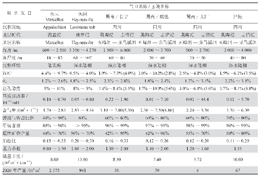 表1 国内外典型页岩气田相关参数对比表