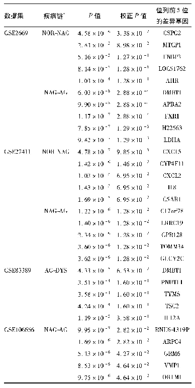 表1 不同数据集中位列前5位的差异表达基因