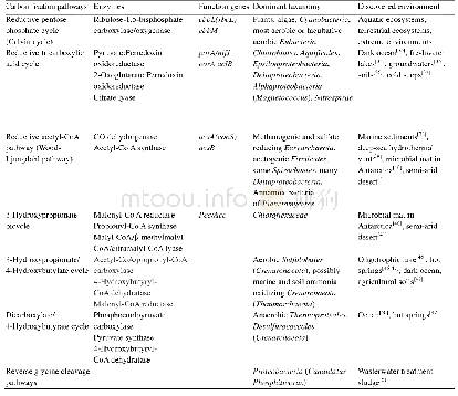 表1.微生物固定CO2的途径的关键酶、功能基因、主要类群及发现环境[12]