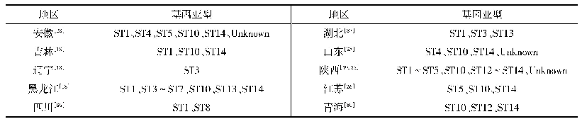 表6 我国动物感染芽囊原虫基因亚型