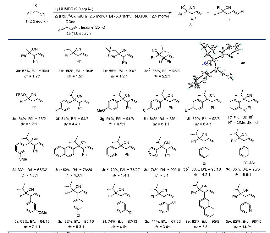 表3 反应的底物拓展a：钯催化α-取代苄腈与支链烯丙基碳酸酯的烯丙基烷基化反应