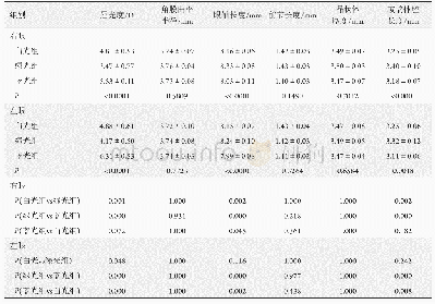 《表4 实验结束时各组间同侧眼参数及比较结果(组间同侧眼参数比较采用方差分析，两两比较采用Bonferroni法)》