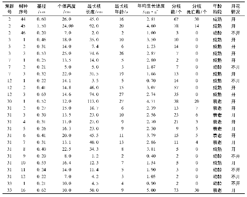 表4 槭叶铁线莲个体分枝数量及生长情况调查统计