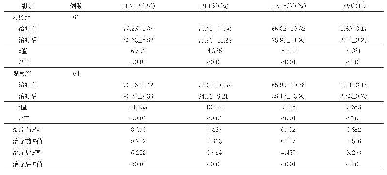 表2 两组患儿治疗前后肺功能指标比较（±s)