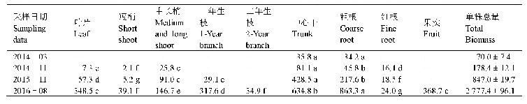 表3 不同采样时期梨树平均单株各器官生物量