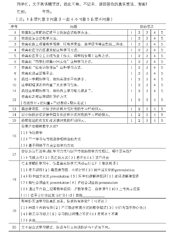 问卷调查：大学英语课程混合式教学模式实证研究