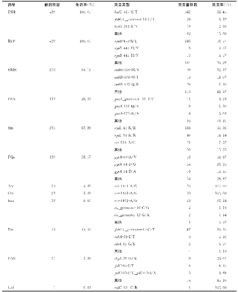 表1 420株MDR-MTB临床分离株耐药及基因突变类型构成情况