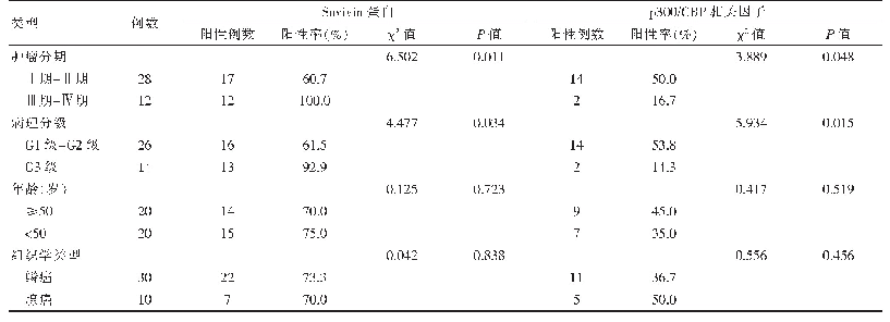 表1 不同类型宫颈癌组织中Suvivin蛋白和CBP/p300相关因子表达阳性表达率的比较