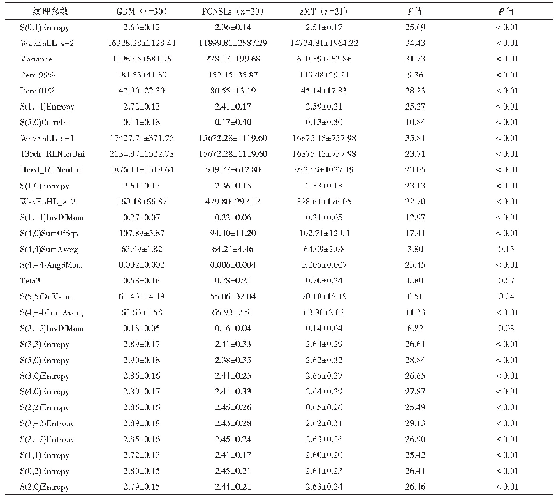 表1 GBM、PCNSLs、s MT纹理参数比较