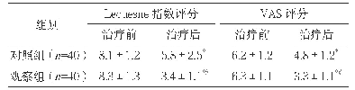 表2 两组治疗前后Lequesne指数和VAS评分比较（分，±s)