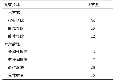 表3 本组肺部结节（63个）手术方式及术后病理情况