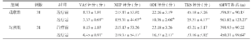 表2 两组治疗前后各项评分及6MWT距离比较(±s)