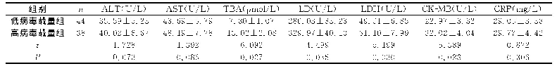 表2 高、低病毒载量组患儿生化指标水平比较（±s)