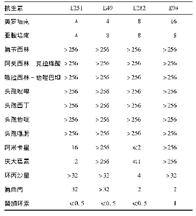 表1 产NDM-1大肠埃希菌的药物敏感试验结果(μg/ml)