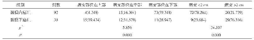 表2 两组患者的病变部位和病变大小比较[n(%)]