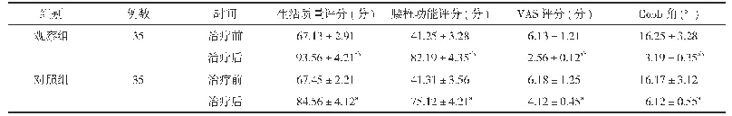 表2 两组治疗前后生活质量、腰椎功能、VAS评分及Cobb角比较(±s)