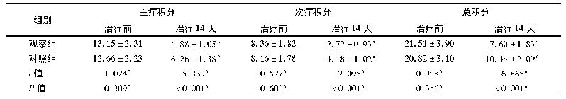 表1 两组患者治疗前和治疗14天时的中医症候积分比较