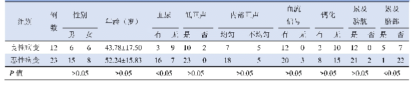 表1 35例脐尿管实性病变患者临床表现和超声图像特征比较（例）