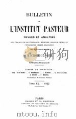 BULLETIN DE L‘INSTITUT PASTEUR TOME XX   1922  PDF电子版封面     