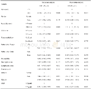 《表2 低血清白蛋白组与高血清白蛋白组患者总体生存率Cox单因素及多因素分析结果Tab.2 Univariate and multivariate analysis regarding OS in 2