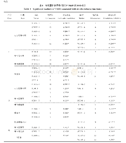 表4 与结薯性状显著相关（P<0.05）的SSR标记