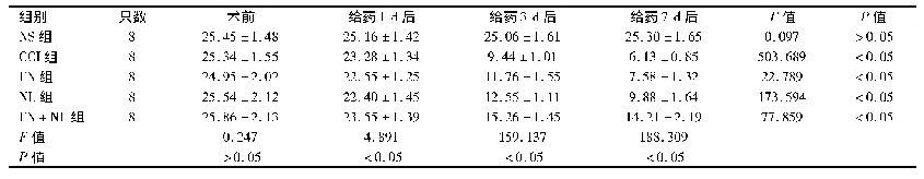 表2 各组大鼠不同时间点MWT比较(g,±s)