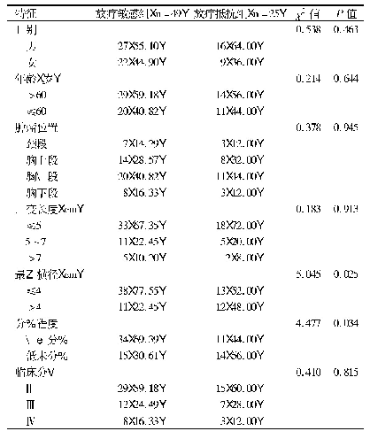 表2 放疗敏感组与放疗抵抗组临床病理特征的比较[例(%)]