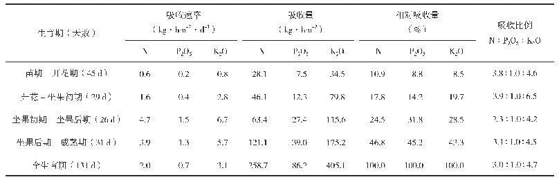 表1 不同生育期番茄植株对氮、磷、钾的吸收特性