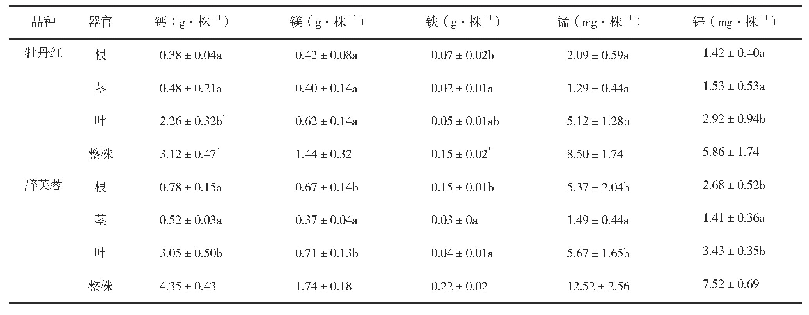 《表4 不同品种花期木芙蓉各器官中微量元素吸收量》