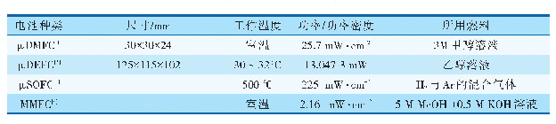 表1 典型微型燃料电池参数表