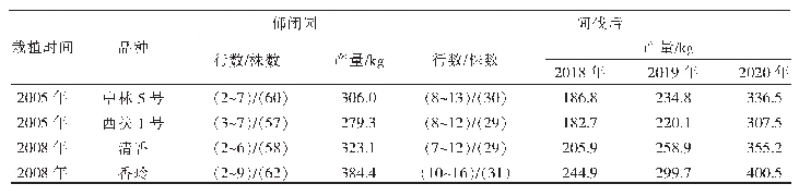 《表5 河北镇东坡村卢根生核桃郁闭园间伐前后干果产量对比》