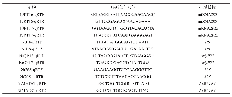 表2 定量PCR引物：烟草烟碱相关miRNA筛选及验证