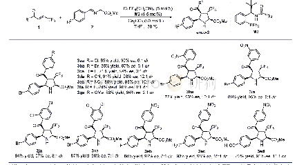 表3 底物范围a,b：Ming-Phos/铜催化的甲亚胺叶立德与三氟甲基烯酮的不对称[3+2]环加成反应
