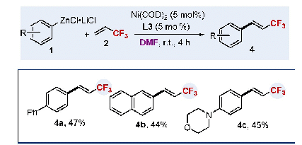 表3 芳基锌试剂与3,3,3-三氟丙烯生成芳基取代的三氟丙烯衍生物4 的底物适用范围考察a