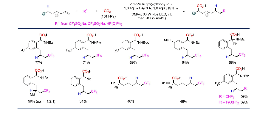 表1 代表性例子：1,5-氢迁移助力远程碳-氢羧基化