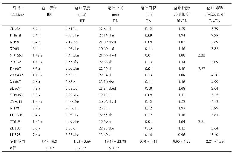 表3 不同品种苞叶性状：黄淮南部不同玉米品种机械粒收质量评价及其穗部性状鉴定指标筛选