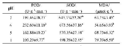 表2 不同pH值幼树POD、SOD及MDA含量的影响