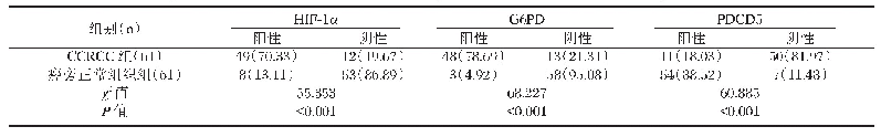 《表1 HIF-1α、G6PD及PDCD5在CCRCC组织及癌旁组织的表达比较[n(%)]》