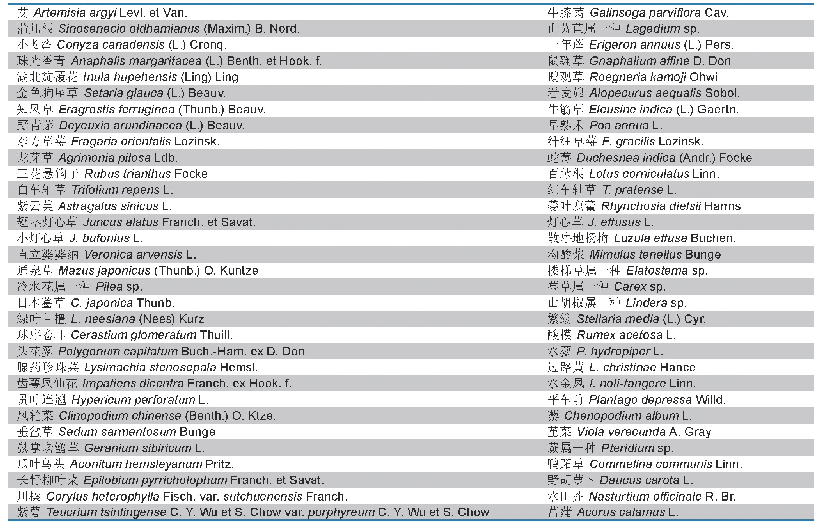 表1 实验地的维管植物种类