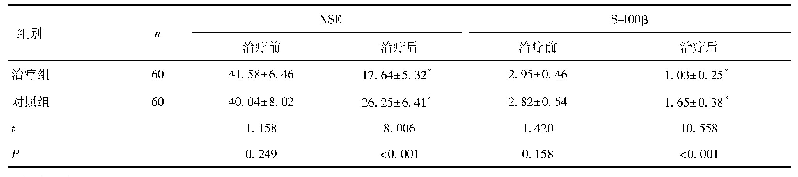 表5 两组血清NSE、S-100β水平比较(ng/ml)