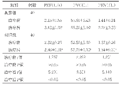 表2 两组治疗前后患者肺功能指标水平比较（±s)
