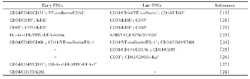 表1 早期EPCs和晚期EPCs标志物的比较