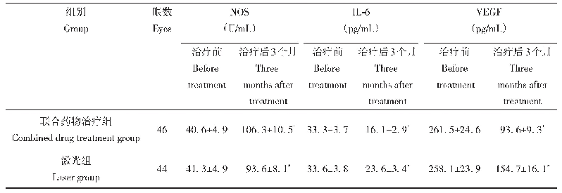 表3 联合药物治疗组NOS、IL-6、VEGF与激光组比较（±s)