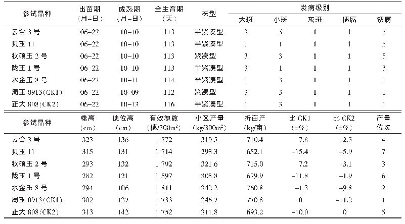 表1 2019年不同玉米品种在云南耿马的种植与产量表现