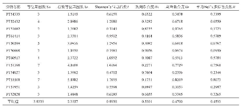 表5 12对SSR标记在23份材料中的多态性信息