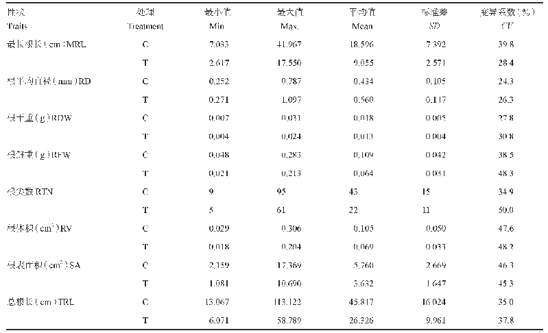 《表1 300份自然群体小麦根系性状统计分析》