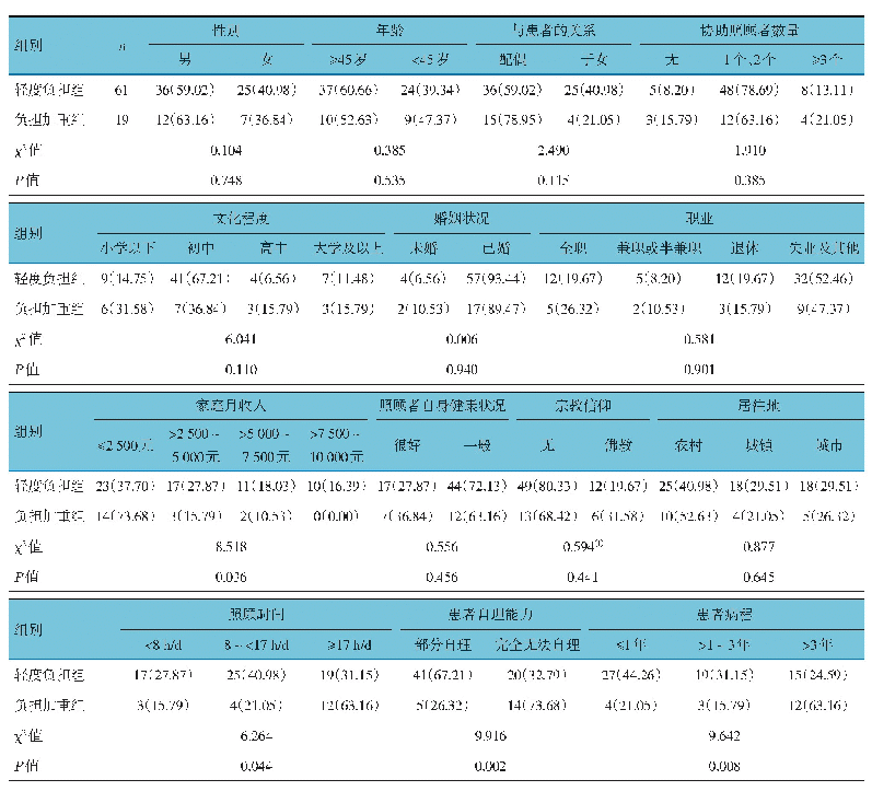 表1 轻度负担组与负担加重组不同因素构成比的比较例（%）