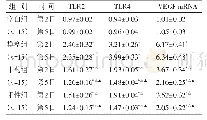 表5 各组大鼠TLR2、TLR4和VEGF m RNA表达比较(2-ΔΔct,±s)